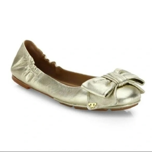 ⚜️ Tory Burch Metallic Gold Divine Bow Ballet Flats Shoe ⚜️ - Picture 1 of 8